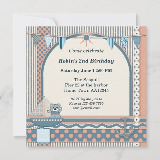 スクラップブック帆船航海の誕生日キッズパーティー 招待状 (裏面)