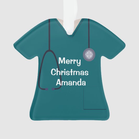 スクラブユニフォームナースティール（緑がかった色）シャツクリスマスホーン オーナメント (正面)