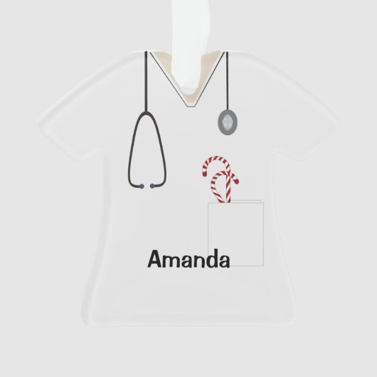 スクラブユニフォームナースホワイトクリスマスキャンディシャツ オーナメント (正面)