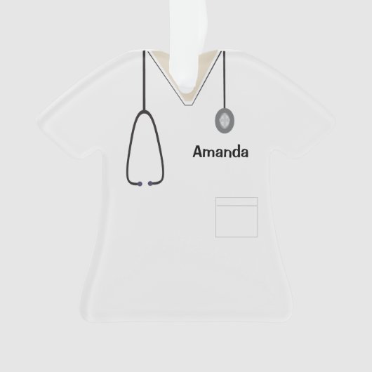 スクラブユニフォームナースホワイトクリスマスシャツホーン オーナメント (正面)