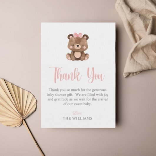 スクリエレガントプトピンクのクマの赤ちゃんシャワー サンキューカード
