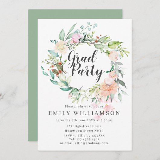 スクリエレガントプト水彩フローラ卒業パーティー 招待状 (正面/裏面)