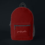 スクリエレガントモダンプト名の濃い赤無地の色 プリントバックパック<br><div class="desc">トレンディーカスタムモダンエレガントシンプルかわいい財布アップロード画像の写真写真またはビジネスロゴ書道スクリプト名または文字ダークレッド無地のカラーのアクセサリー/バッグと/バックパック。</div>