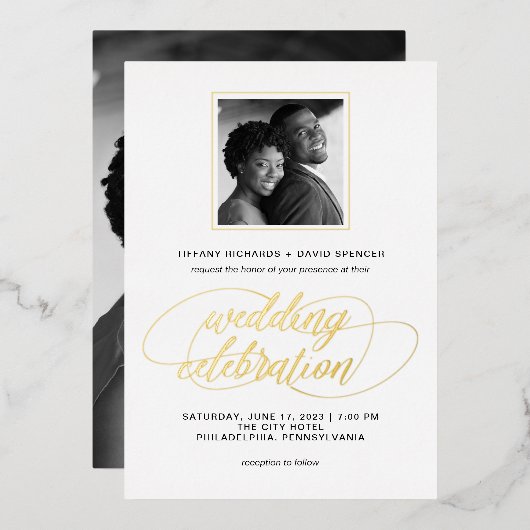 スクリファンシープトと写真 |結婚金ゴールド 箔招待状 (正面/裏面)