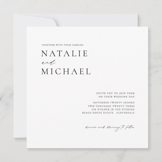 スクリプお洒落トモダンミニマリスト結婚スクエア 招待状 (正面)