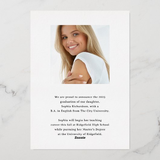 スクリプお洒落ト金箔の卒業発表 箔招待状 (裏面)