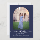 スクリプかわいらしト卒業アーチ写真ネイビーブルー 招待状 (正面)