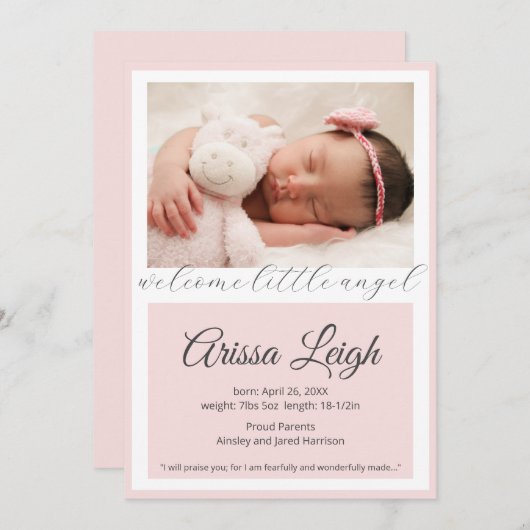 スクリプかわいらしト赤ちゃん女の子の誕生発表カード 案内状 (正面/裏面)