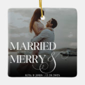 スクリプはっきりしたトの結婚初めてのクリスマスメタル セラミックオーナメント (正面)