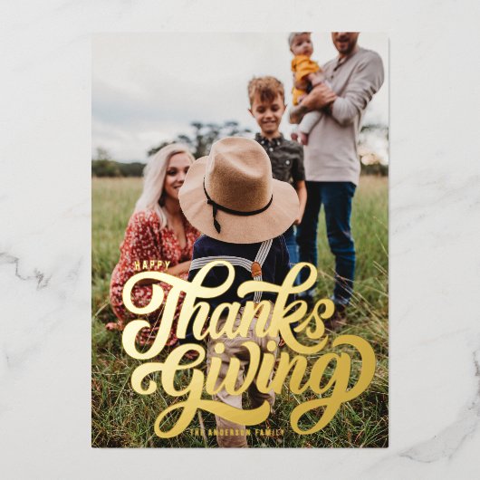 スクリプはっきりしたトタイポグラフィ写真ハッピー感謝祭 箔シーズンカード (正面)
