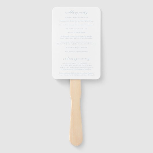 スクリプはっきりしたトパウダーブルーエレガントな結婚式プログラム ハンドファン (裏面)