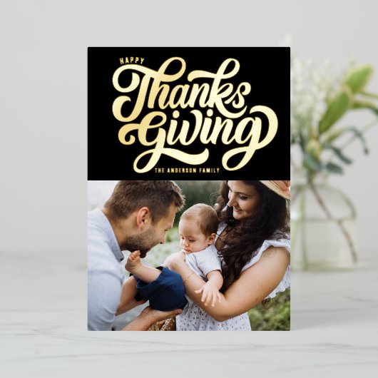 スクリプはっきりしたト黒幸せ感謝祭の写真 箔シーズンカード (立ち正面)