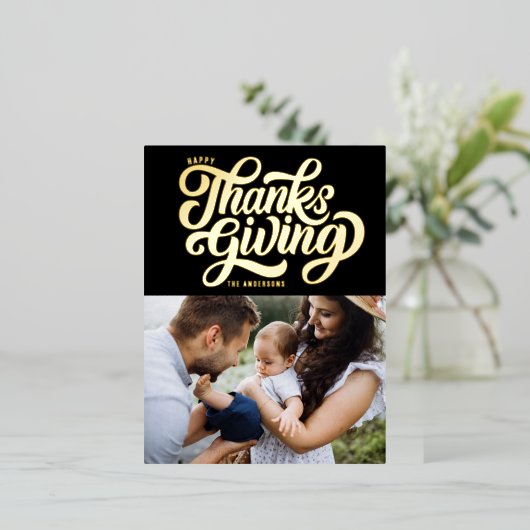 スクリプはっきりしたト黒幸せ感謝祭の写真 箔シーズンポストカード (立ち正面)