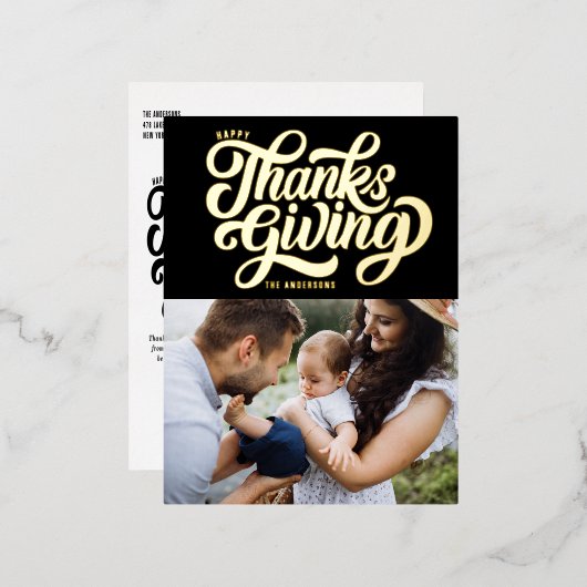 スクリプはっきりしたト黒幸せ感謝祭の写真 箔シーズンポストカード (正面/裏面)