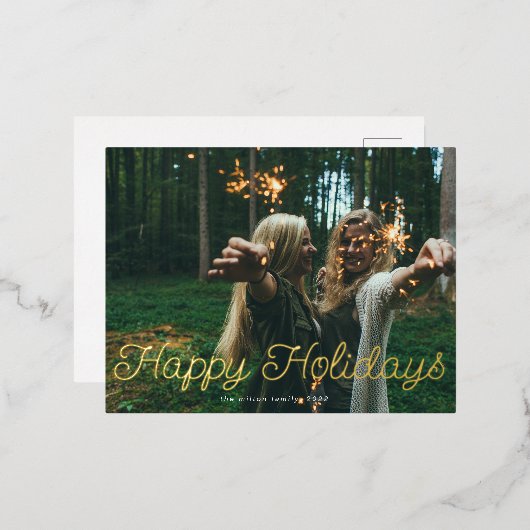 スクリプよくはしゃぐト写真ハッピーホリデーカード 箔招待状ポストカード (正面/裏面)