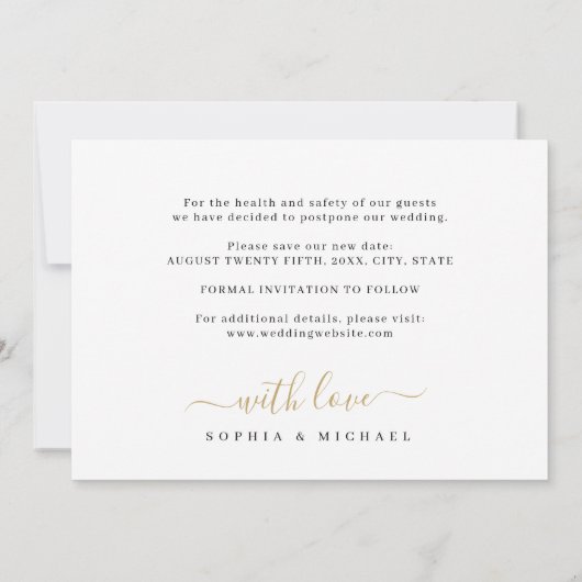 スクリプエレガントトによる撮影延期の日付の変更 招待状 (裏面)