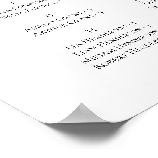 スクリプエレガントトのアルファベット順のウェルカムシーティングチャート ポスター (角)