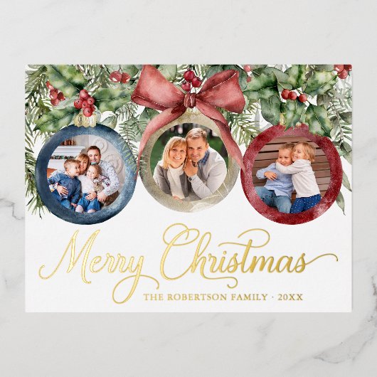 スクリプエレガントトのクリスマスフォトオーナメント金ゴールド 箔シーズンポストカード (正面)