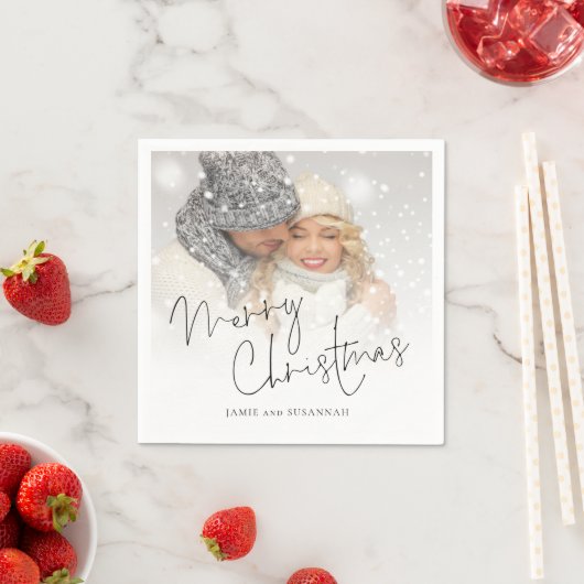 スクリプエレガントトのフォトオーバーレイ名メリークリスマス スタンダードカクテルナプキン (インサイチュ)