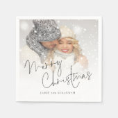 スクリプエレガントトのフォトオーバーレイ名メリークリスマス スタンダードカクテルナプキン (正面)