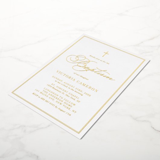 スクリプエレガントトのミニマル写真洗礼 箔招待状 (回転した状態)