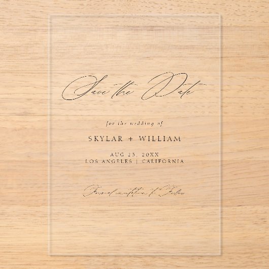 スクリプエレガントトのミニマル結婚式の日付を保存 アクリル招待状 (正面)