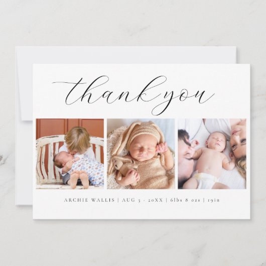 スクリプエレガントトのミニマル3フォト新生児 サンキューカード (正面)