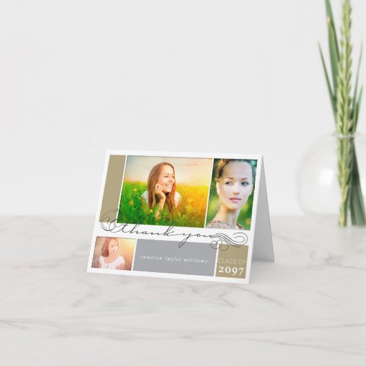 スクリプエレガントトの卒業3枚の写真を数々のスクロール サンキューカード (正面)