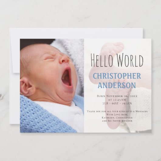 スクリプエレガントトようこそ男の赤ちゃんフォトブルー誕生 案内状 (正面)