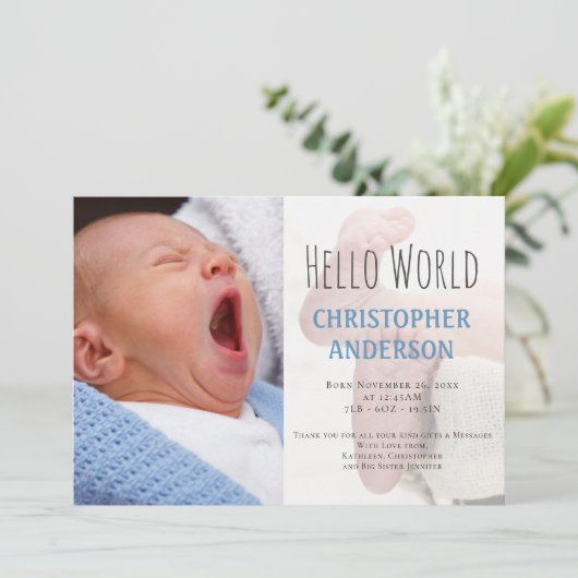 スクリプエレガントトようこそ男の赤ちゃんフォトブルー誕生 案内状 (スタンド正面)