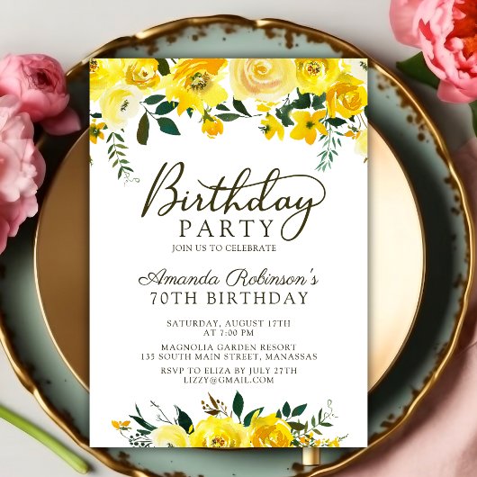 スクリプエレガントトイエローローズフローラ70誕生日 招待状