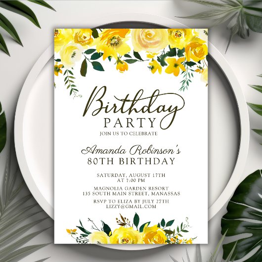 スクリプエレガントトイエローローズフローラ80誕生日 招待状