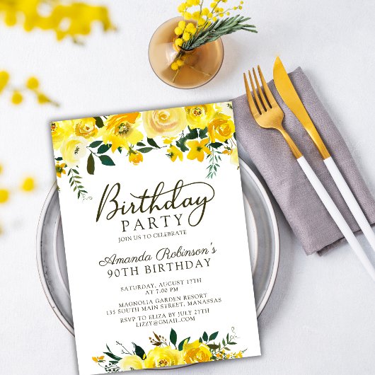 スクリプエレガントトイエローローズフローラ90誕生日 招待状