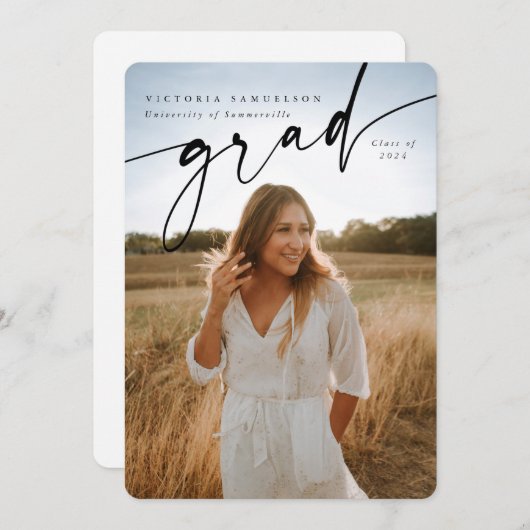 スクリプエレガントトオーバーレイ2枚の写真卒業 案内状 (正面/裏面)