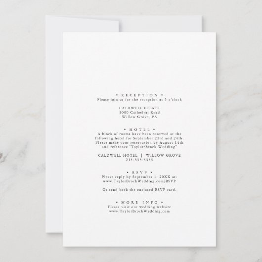 スクリプエレガントトカジュアルカップルのホテ結婚ィング 招待状 (裏面)