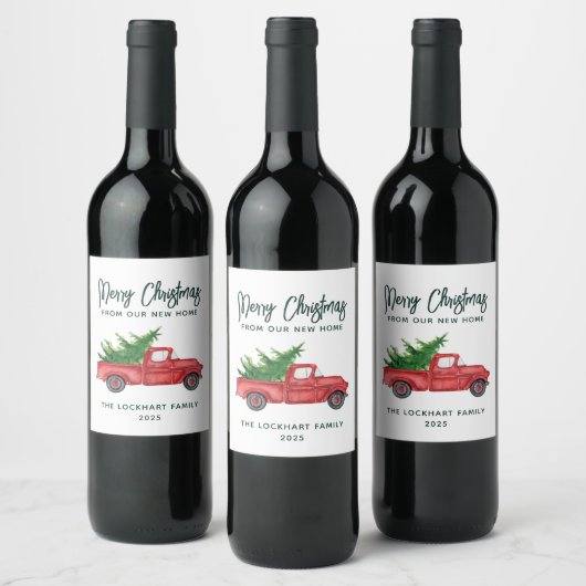 スクリプエレガントトクリスマスレッドトラックホリデー ワインラベル (ボトル)