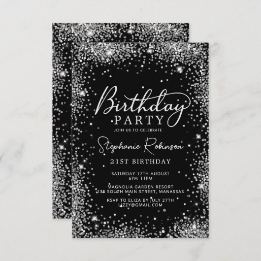 スクリプエレガントトシルバーグリッター21歳バースデーブラック 招待状 (正面/裏面)