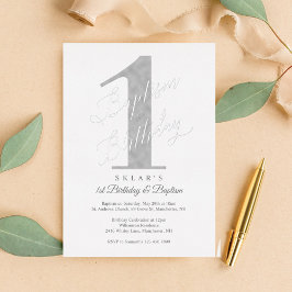 スクリプエレガントトシルバーベビー1歳の誕生日とバプテスマ 箔招待状