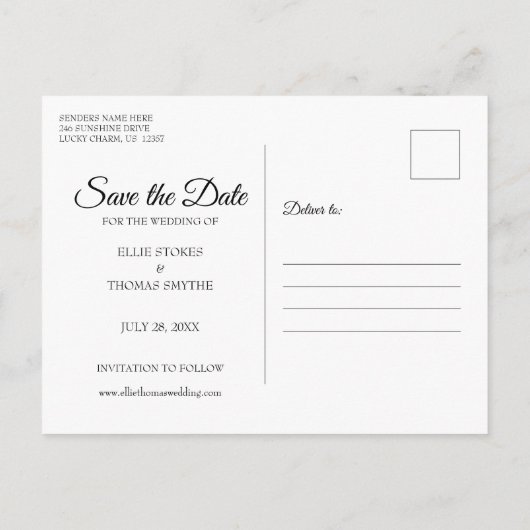 スクリプエレガントトシンプルフォト日付はがきを保存 ポストカード (裏面)