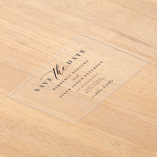 スクリプエレガントトシンプルモダンの結婚式の日付を保存 アクリル招待状 (レイダウン)