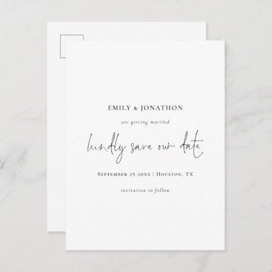 スクリプエレガントトシンプル白黒日付の保存先 インビテーションポストカード (正面/裏面)