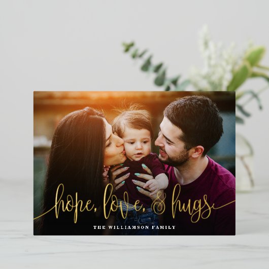 スクリプエレガントトタイポグラフィホープ愛ハグ写真 箔シーズンカード (立ち正面)