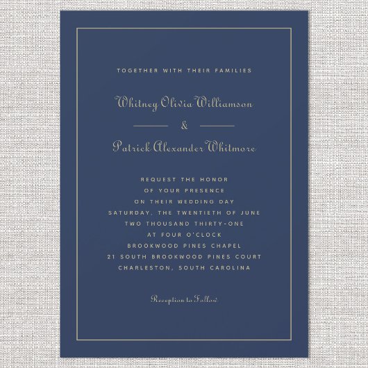 スクリプエレガントトネイビーブルー金ゴールドシフォーマルックウェディング 招待状