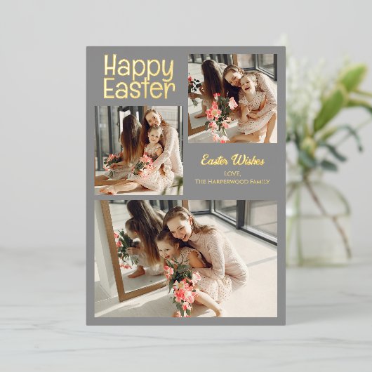 スクリプエレガントトハッピーイースターファミリーフォトコラージュ 箔シーズンカード (立ち正面)