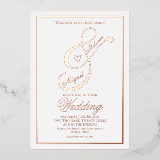 スクリプエレガントトハートアンパサンド結婚の押し込み 箔招待状 (正面)