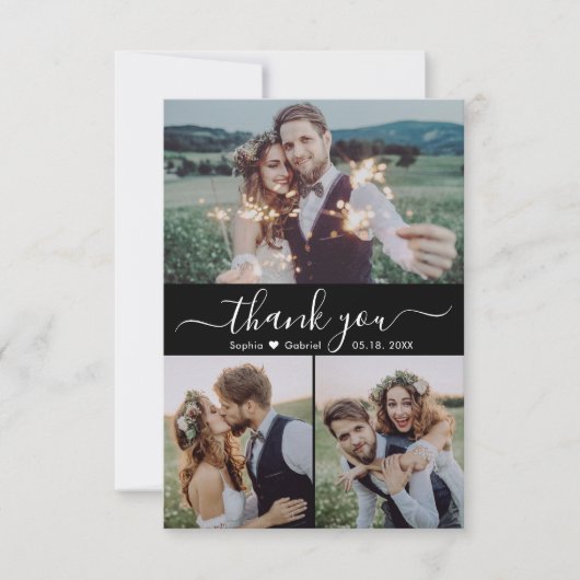 スクリプエレガントトハートフォトコラージュブラック結婚ズ サンキューカード (正面)