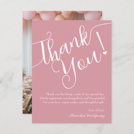 スクリプエレガントトピンクの女の子の赤ちゃんシャワー写真 サンキューカード (正面/裏面)