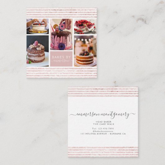 スクリプエレガントトピンクグリッターフォトコラージュベーカリー スクエア名刺 (正面/裏面)