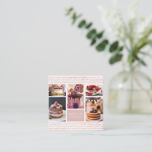 スクリプエレガントトピンクグリッターフォトコラージュベーカリー スクエア名刺 (スタンド正面)