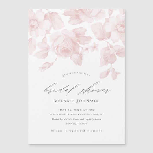 スクリプエレガントトピンクフローラブライダルシャワー マグネット招待状 (正面)